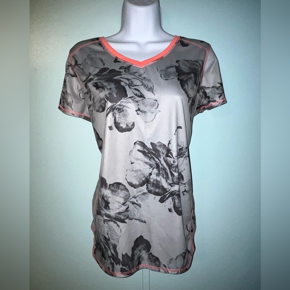 St John’s Bay Active Quick Dry Top Size Large Gray‎ Coral Orange Floral